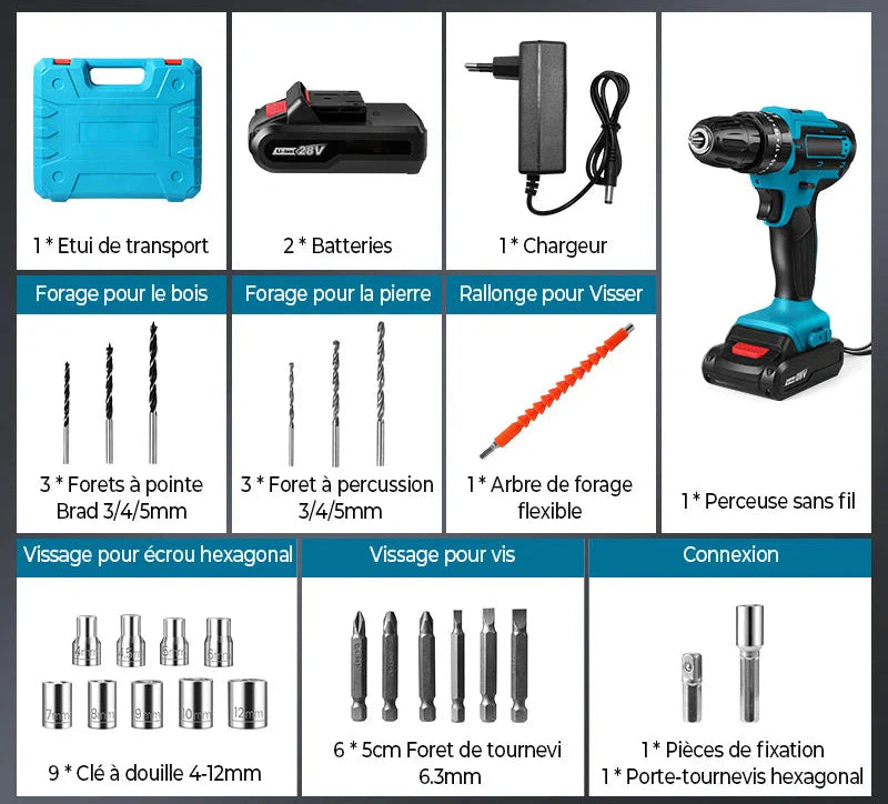 Taladro inalambrico con Percutor +24 accesorios + Batería 48V
