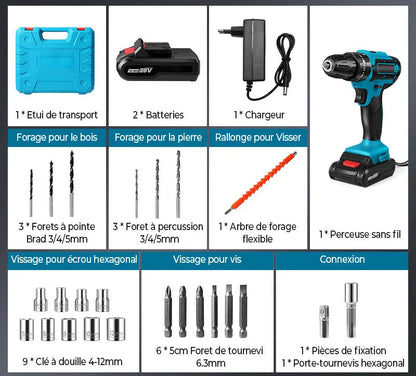 Taladro inalambrico con Percutor +24 accesorios + Batería 48V